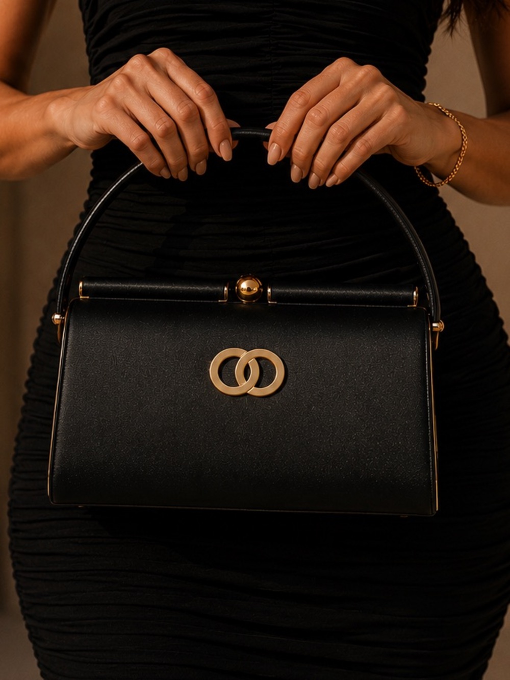 Gold/Black Satin Evening Top-Handle Bag with Gold Accent
